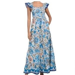 House of Harlow 1960 Zoey ruched flutter sleeve blue floral maxi dress size M
